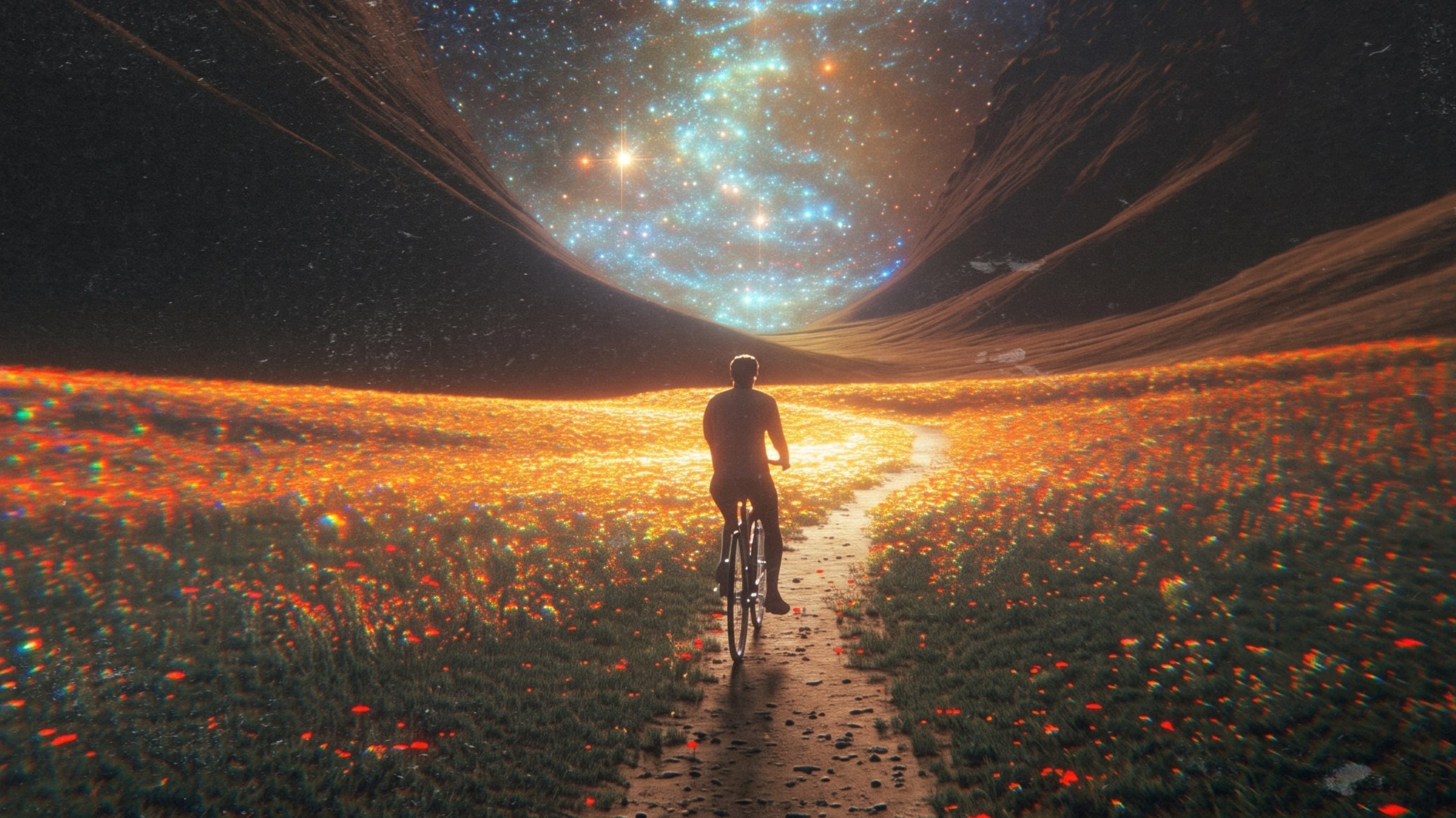 Ciclista solitário em uma trilha luminosa de flores, seguindo em direção a um céu estrelado